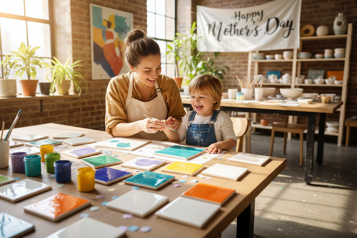 Mother and child painting ceramic tiles together at a pottery studio